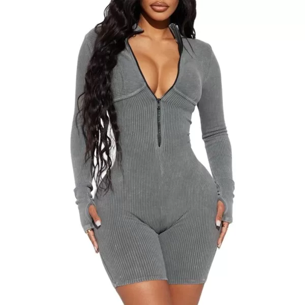 Happy Sailed Women Front Zipper Jumpsuits One Piece Ribbed Bodycon Short Jumpsuit Romper Long Sleeve Tracksuits Sport Outfits