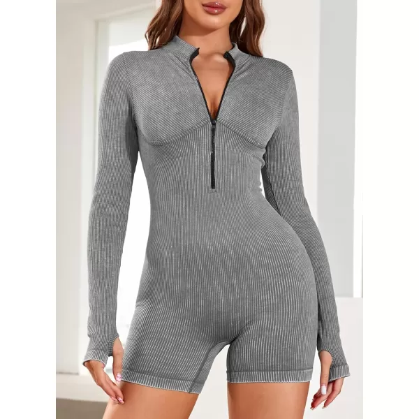 Happy Sailed Women Front Zipper Jumpsuits One Piece Ribbed Bodycon Short Jumpsuit Romper Long Sleeve Tracksuits Sport Outfits