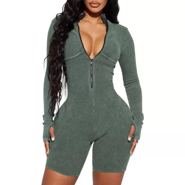 Happy Sailed Women Front Zipper Jumpsuits One Piece Ribbed Bodycon Short Jumpsuit Romper Long Sleeve Tracksuits Sport Outfits