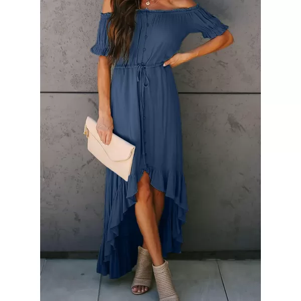 Happy Sailed Women Off Shoulder Casual Maxi Dresses Short Sleeve High Low Ruffle Bridesmaid Evening Party Dress