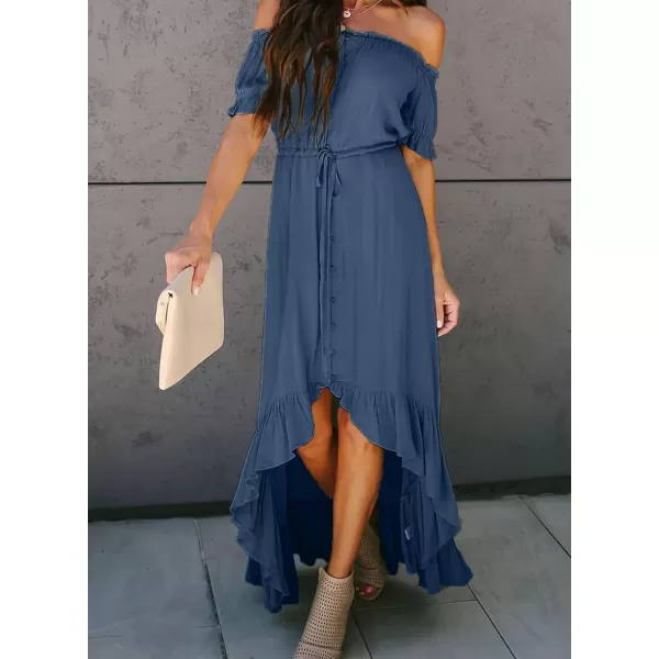 Happy Sailed Women Off Shoulder Casual Maxi Dresses Short Sleeve High Low Ruffle Bridesmaid Evening Party Dress