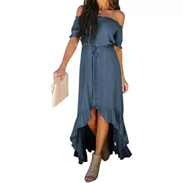 Happy Sailed Women Off Shoulder Casual Maxi Dresses Short Sleeve High Low Ruffle Bridesmaid Evening Party Dress