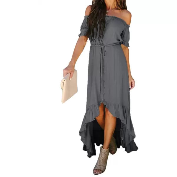 Happy Sailed Women Off Shoulder Casual Maxi Dresses Short Sleeve High Low Ruffle Bridesmaid Evening Party Dress