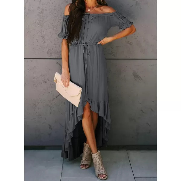 Happy Sailed Women Off Shoulder Casual Maxi Dresses Short Sleeve High Low Ruffle Bridesmaid Evening Party Dress