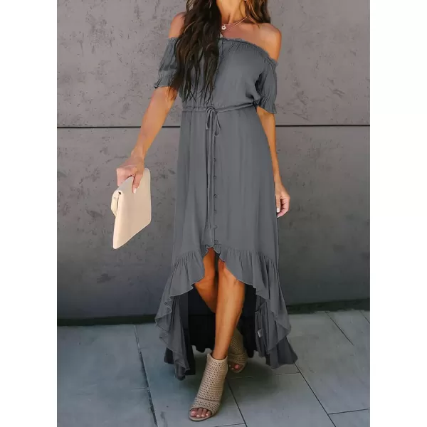 Happy Sailed Women Off Shoulder Casual Maxi Dresses Short Sleeve High Low Ruffle Bridesmaid Evening Party Dress