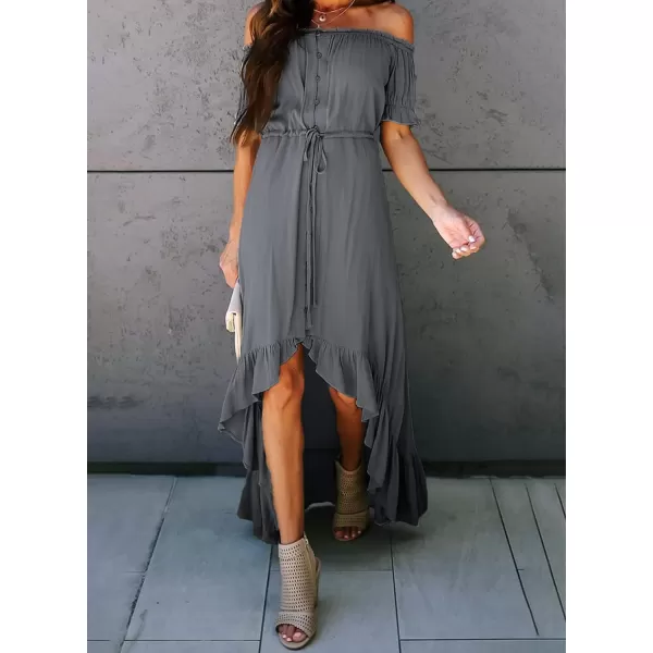 Happy Sailed Women Off Shoulder Casual Maxi Dresses Short Sleeve High Low Ruffle Bridesmaid Evening Party Dress