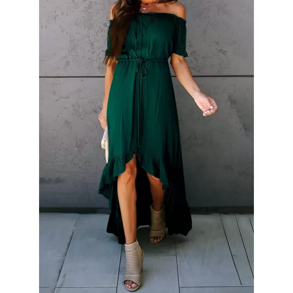 Happy Sailed Women Off Shoulder Casual Maxi Dresses Short Sleeve High Low Ruffle Bridesmaid Evening Party Dress