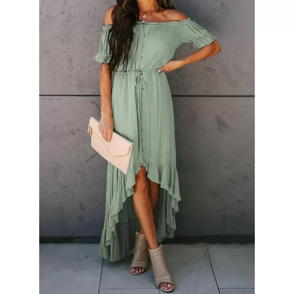 Happy Sailed Women Off Shoulder Casual Maxi Dresses Short Sleeve High Low Ruffle Bridesmaid Evening Party Dress