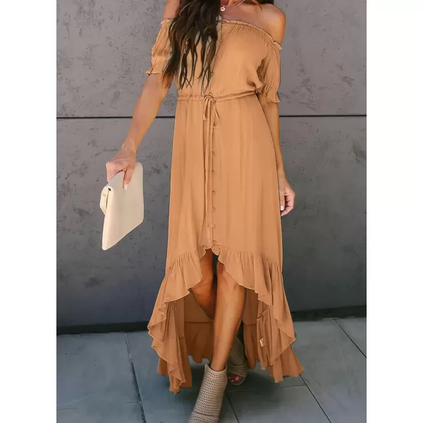 Happy Sailed Women Off Shoulder Casual Maxi Dresses Short Sleeve High Low Ruffle Bridesmaid Evening Party Dress