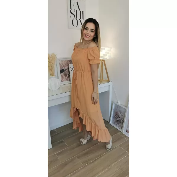 Happy Sailed Women Off Shoulder Casual Maxi Dresses Short Sleeve High Low Ruffle Bridesmaid Evening Party Dress