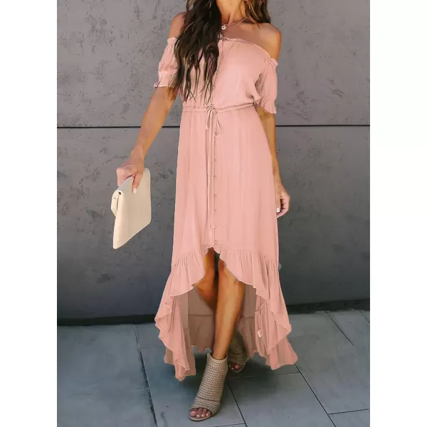 Happy Sailed Women Off Shoulder Casual Maxi Dresses Short Sleeve High Low Ruffle Bridesmaid Evening Party Dress