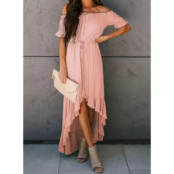 Happy Sailed Women Off Shoulder Casual Maxi Dresses Short Sleeve High Low Ruffle Bridesmaid Evening Party Dress