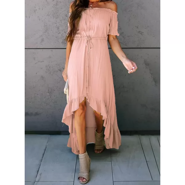 Happy Sailed Women Off Shoulder Casual Maxi Dresses Short Sleeve High Low Ruffle Bridesmaid Evening Party Dress