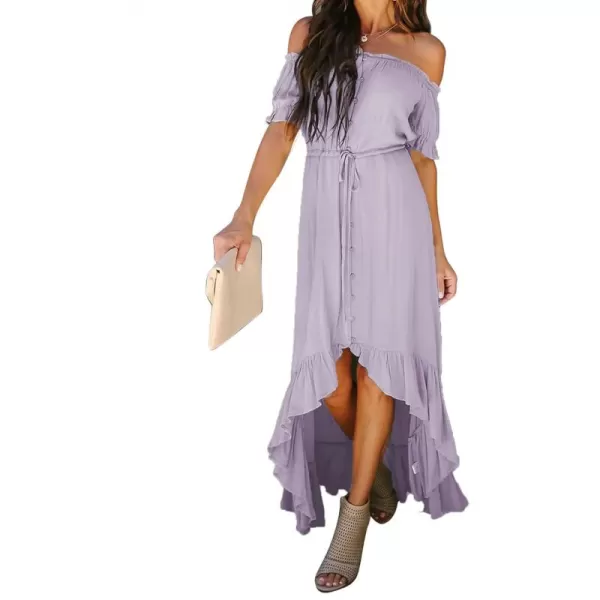 Happy Sailed Women Off Shoulder Casual Maxi Dresses Short Sleeve High Low Ruffle Bridesmaid Evening Party Dress