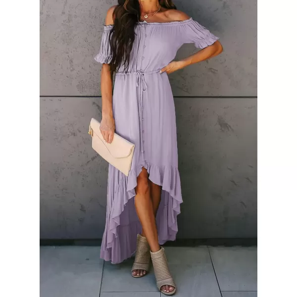 Happy Sailed Women Off Shoulder Casual Maxi Dresses Short Sleeve High Low Ruffle Bridesmaid Evening Party Dress
