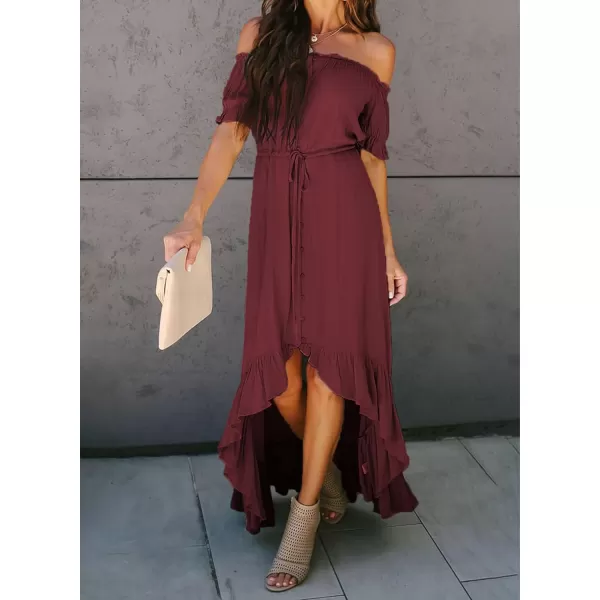 Happy Sailed Women Off Shoulder Casual Maxi Dresses Short Sleeve High Low Ruffle Bridesmaid Evening Party Dress