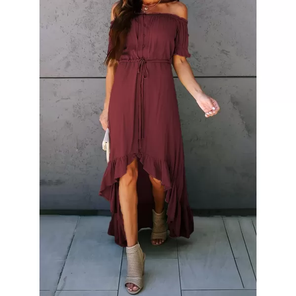 Happy Sailed Women Off Shoulder Casual Maxi Dresses Short Sleeve High Low Ruffle Bridesmaid Evening Party Dress