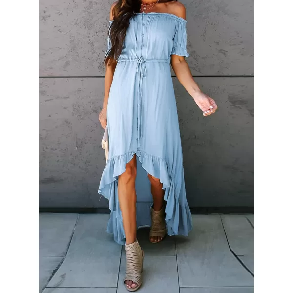 Happy Sailed Women Off Shoulder Casual Maxi Dresses Short Sleeve High Low Ruffle Bridesmaid Evening Party Dress