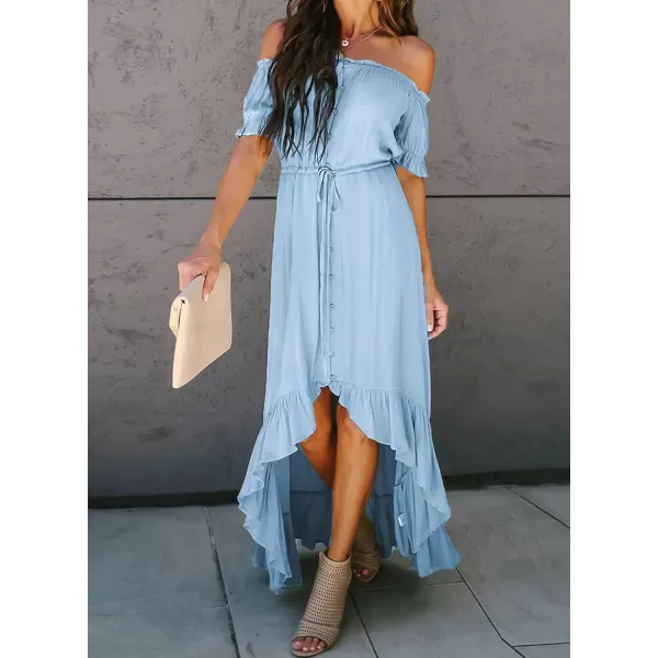 Happy Sailed Women Off Shoulder Casual Maxi Dresses Short Sleeve High Low Ruffle Bridesmaid Evening Party Dress