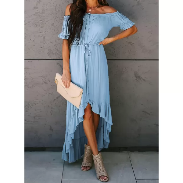 Happy Sailed Women Off Shoulder Casual Maxi Dresses Short Sleeve High Low Ruffle Bridesmaid Evening Party Dress