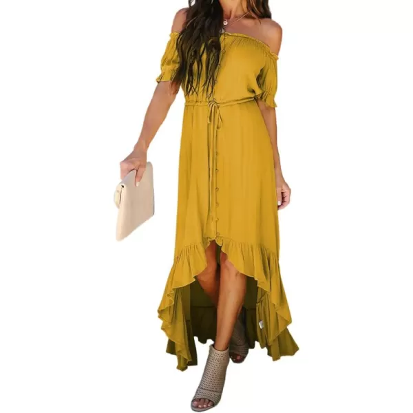 Happy Sailed Women Off Shoulder Casual Maxi Dresses Short Sleeve High Low Ruffle Bridesmaid Evening Party Dress