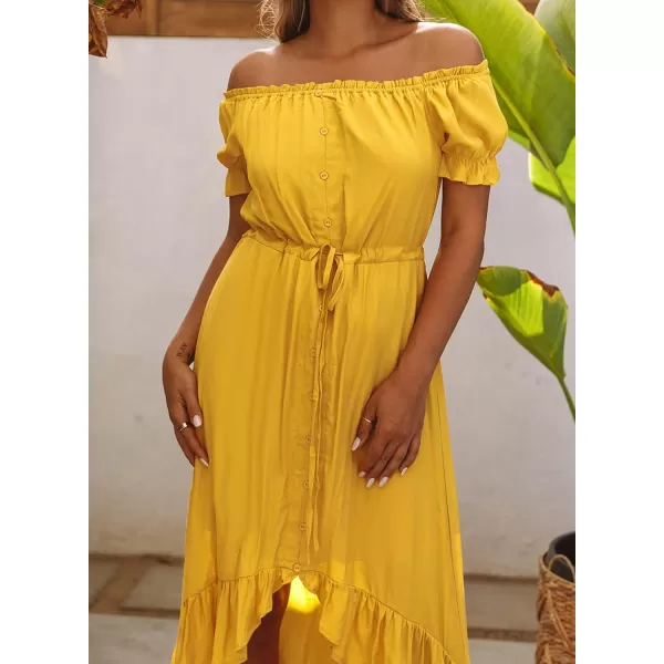 Happy Sailed Women Off Shoulder Casual Maxi Dresses Short Sleeve High Low Ruffle Bridesmaid Evening Party Dress