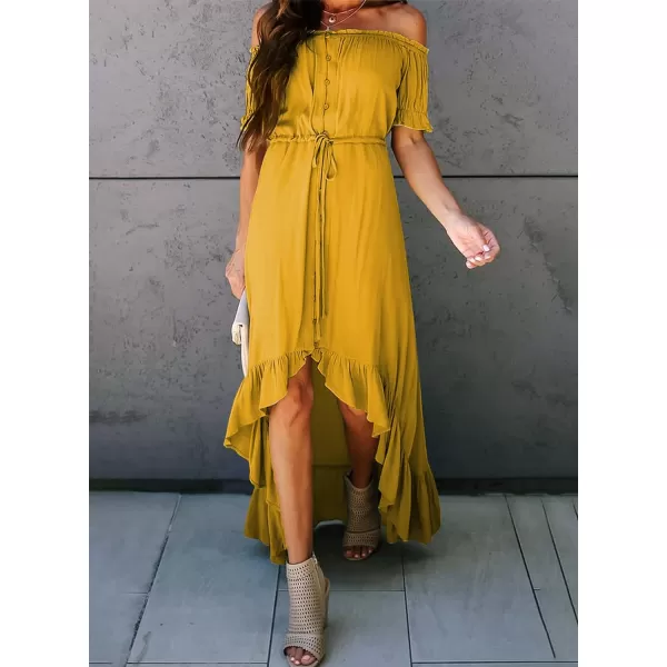 Happy Sailed Women Off Shoulder Casual Maxi Dresses Short Sleeve High Low Ruffle Bridesmaid Evening Party Dress