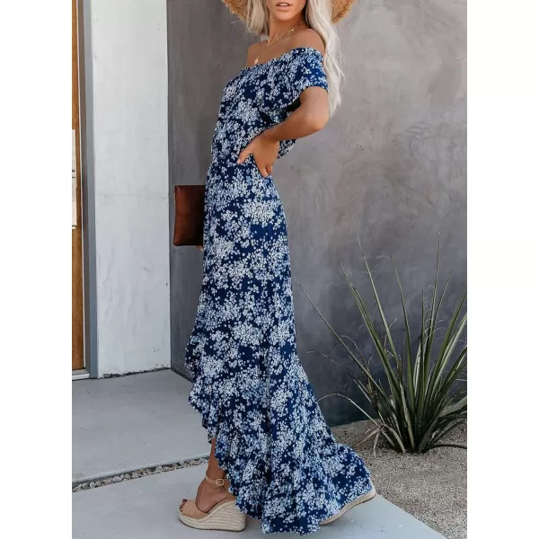 Happy Sailed Women Off Shoulder Casual Maxi Dresses Short Sleeve High Low Ruffle Bridesmaid Evening Party Dress