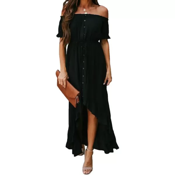 Happy Sailed Women Off Shoulder Casual Maxi Dresses Short Sleeve High Low Ruffle Bridesmaid Evening Party Dress