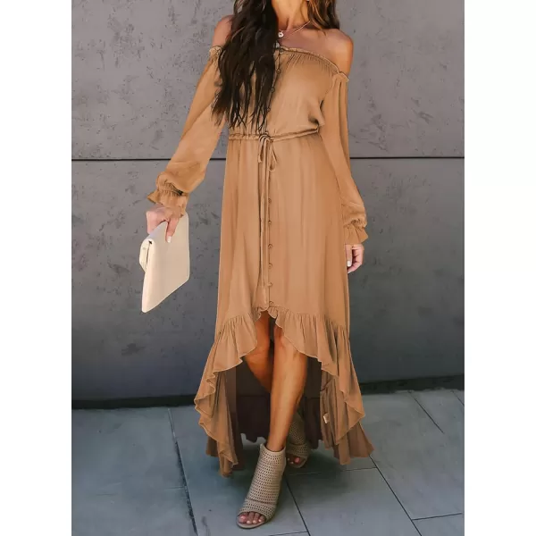 Happy Sailed Women Off Shoulder Casual Maxi Dresses Short Sleeve High Low Ruffle Bridesmaid Evening Party Dress