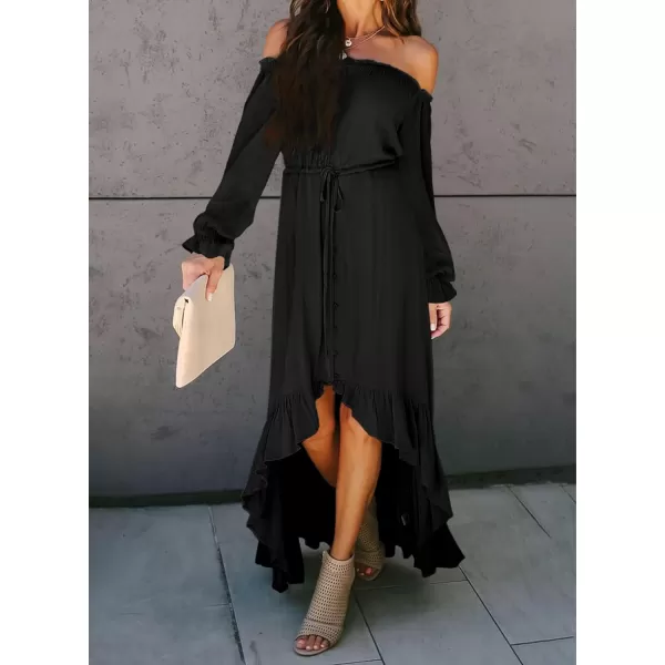 Happy Sailed Women Off Shoulder Casual Maxi Dresses Short Sleeve High Low Ruffle Bridesmaid Evening Party Dress