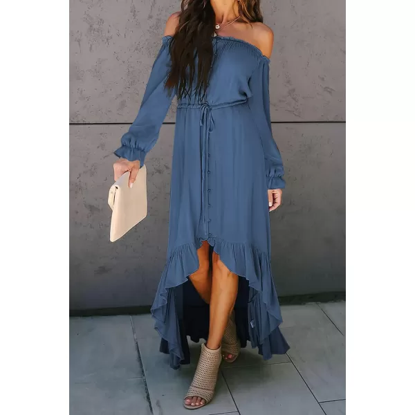 Happy Sailed Women Off Shoulder Casual Maxi Dresses Short Sleeve High Low Ruffle Bridesmaid Evening Party Dress