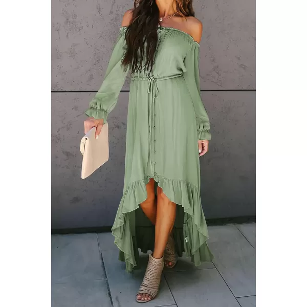 Happy Sailed Women Off Shoulder Casual Maxi Dresses Short Sleeve High Low Ruffle Bridesmaid Evening Party Dress