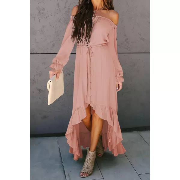 Happy Sailed Women Off Shoulder Casual Maxi Dresses Short Sleeve High Low Ruffle Bridesmaid Evening Party Dress