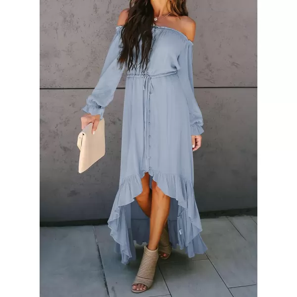 Happy Sailed Women Off Shoulder Casual Maxi Dresses Short Sleeve High Low Ruffle Bridesmaid Evening Party Dress