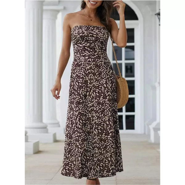 Happy Sailed Women Strapleess Floral Print Bohemian Beach Dress Casual Off Shoulder Long Dress with Pockets