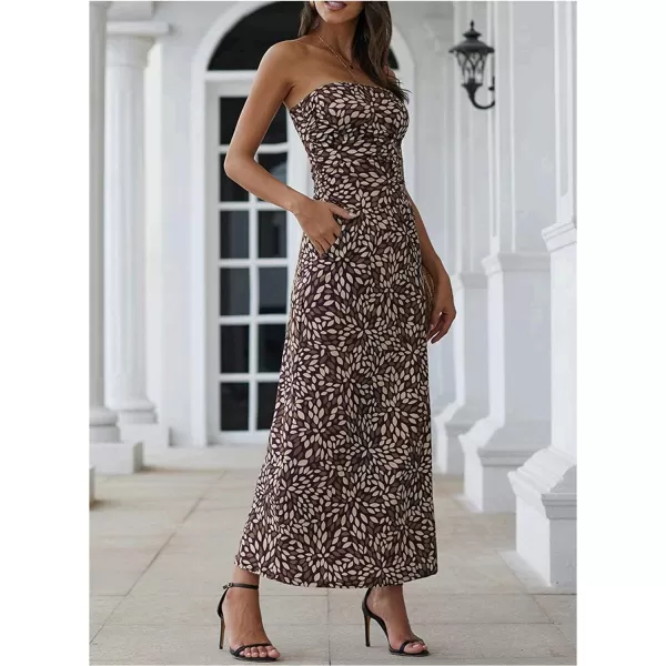 Happy Sailed Women Strapleess Floral Print Bohemian Beach Dress Casual Off Shoulder Long Dress with Pockets