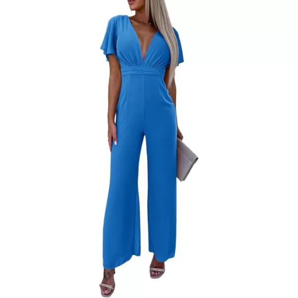 Happy Sailed Women Summer Jumpsuits 2023 Casual Short Sleeve Deep V Neck High Waist Wide Leg Pant Romper