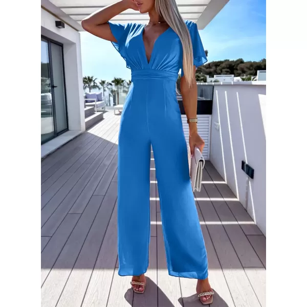 Happy Sailed Women Summer Jumpsuits 2023 Casual Short Sleeve Deep V Neck High Waist Wide Leg Pant Romper