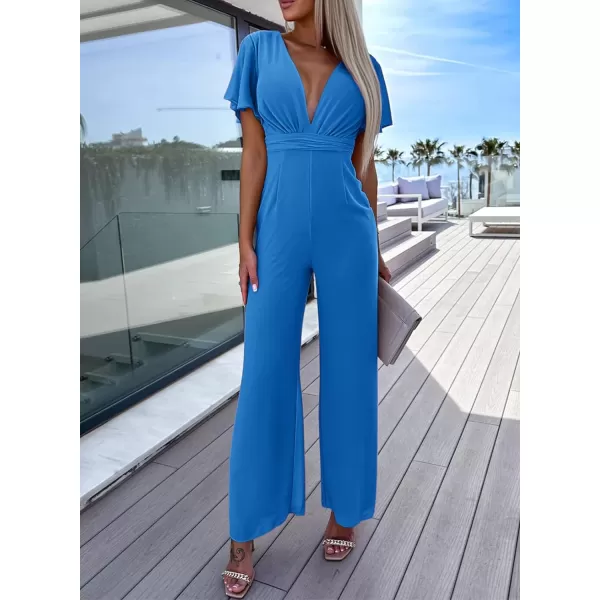 Happy Sailed Women Summer Jumpsuits 2023 Casual Short Sleeve Deep V Neck High Waist Wide Leg Pant Romper