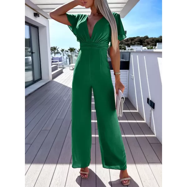 Happy Sailed Women Summer Jumpsuits 2023 Casual Short Sleeve Deep V Neck High Waist Wide Leg Pant Romper