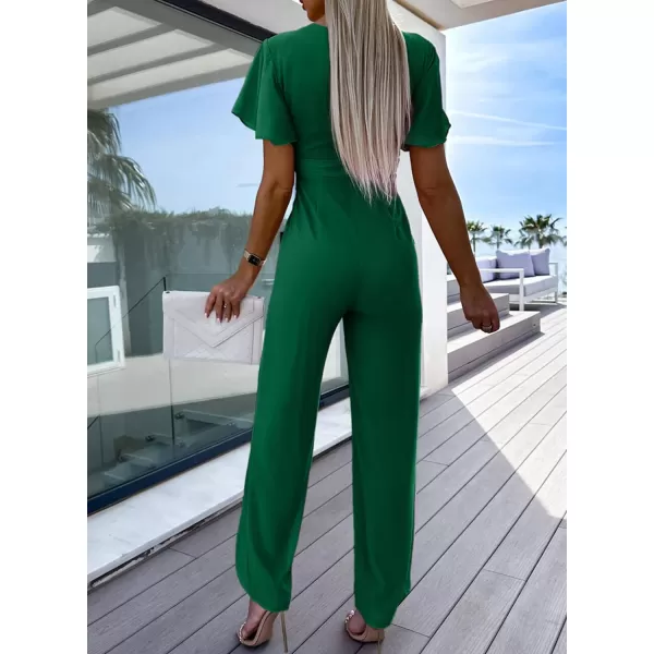 Happy Sailed Women Summer Jumpsuits 2023 Casual Short Sleeve Deep V Neck High Waist Wide Leg Pant Romper