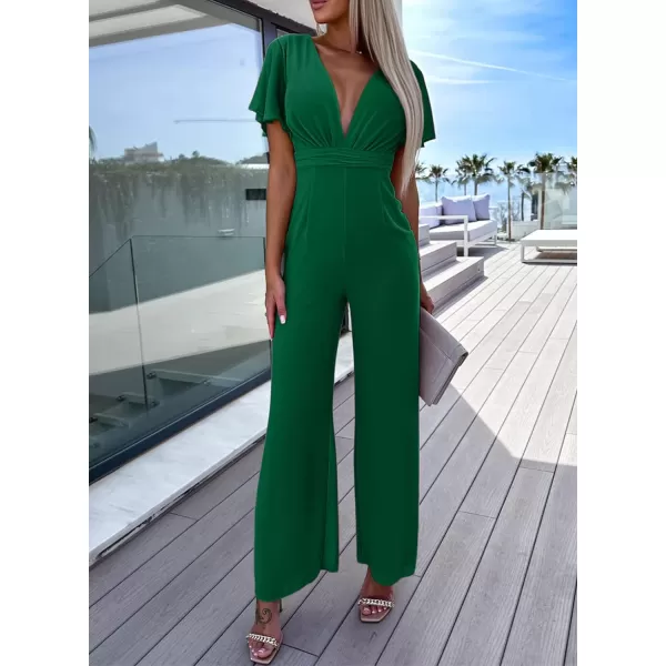 Happy Sailed Women Summer Jumpsuits 2023 Casual Short Sleeve Deep V Neck High Waist Wide Leg Pant Romper