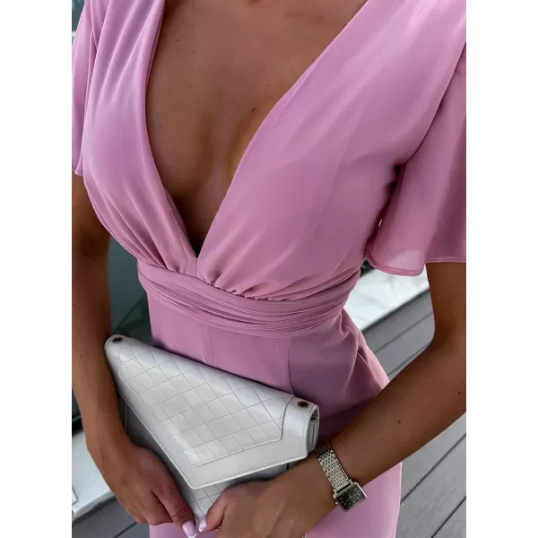 Happy Sailed Women Summer Jumpsuits 2023 Casual Short Sleeve Deep V Neck High Waist Wide Leg Pant Romper