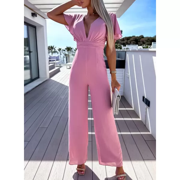 Happy Sailed Women Summer Jumpsuits 2023 Casual Short Sleeve Deep V Neck High Waist Wide Leg Pant Romper