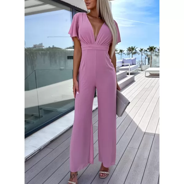 Happy Sailed Women Summer Jumpsuits 2023 Casual Short Sleeve Deep V Neck High Waist Wide Leg Pant Romper