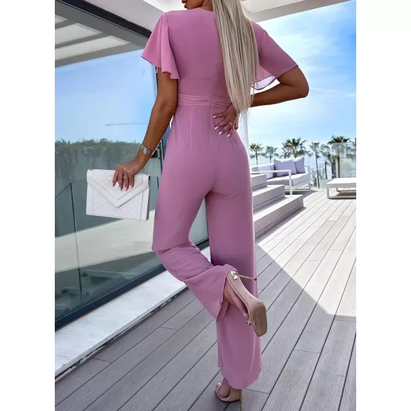 Happy Sailed Women Summer Jumpsuits 2023 Casual Short Sleeve Deep V Neck High Waist Wide Leg Pant Romper