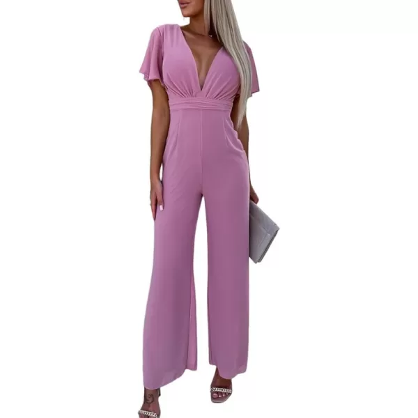 Happy Sailed Women Summer Jumpsuits 2023 Casual Short Sleeve Deep V Neck High Waist Wide Leg Pant Romper