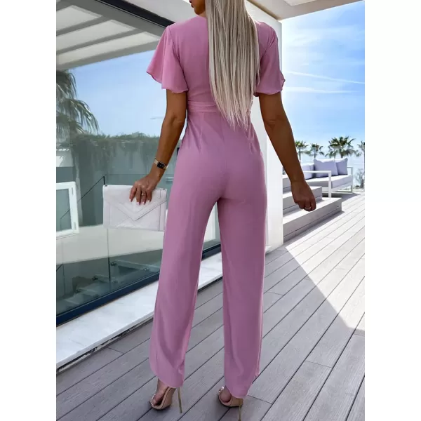 Happy Sailed Women Summer Jumpsuits 2023 Casual Short Sleeve Deep V Neck High Waist Wide Leg Pant Romper