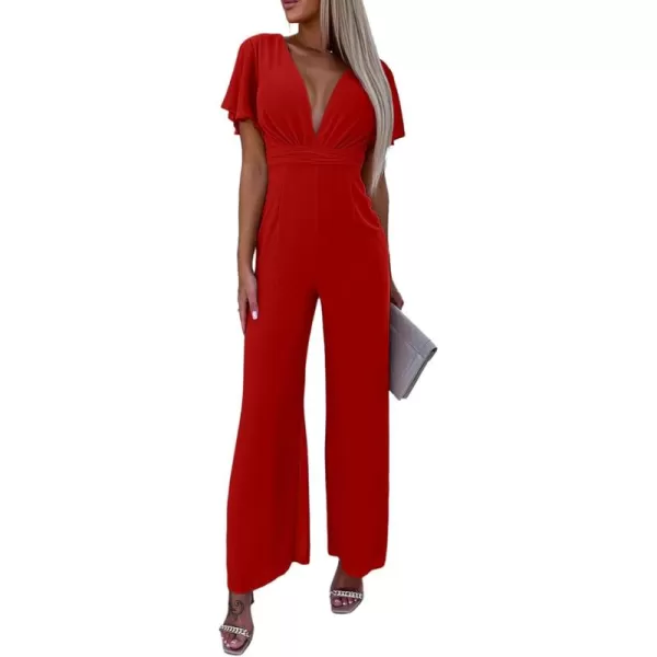 Happy Sailed Women Summer Jumpsuits 2023 Casual Short Sleeve Deep V Neck High Waist Wide Leg Pant Romper